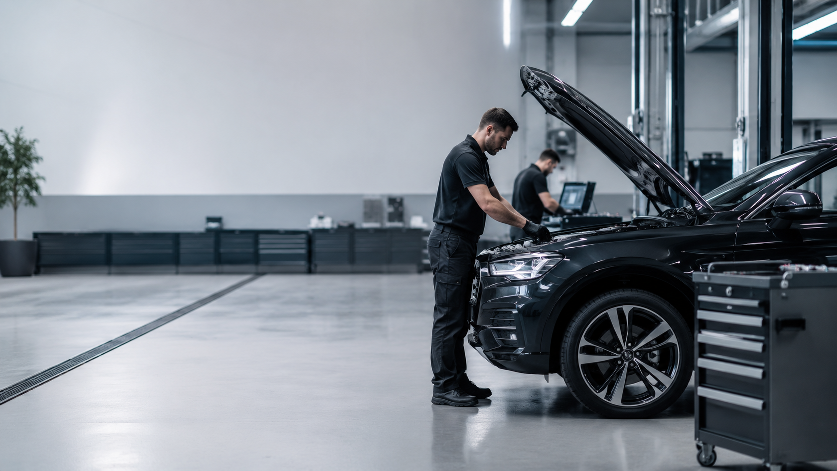 Kfz-Mechaniker bei der Fahrzeuginspektion in der Werkstatt des Autopark am Sulzbach